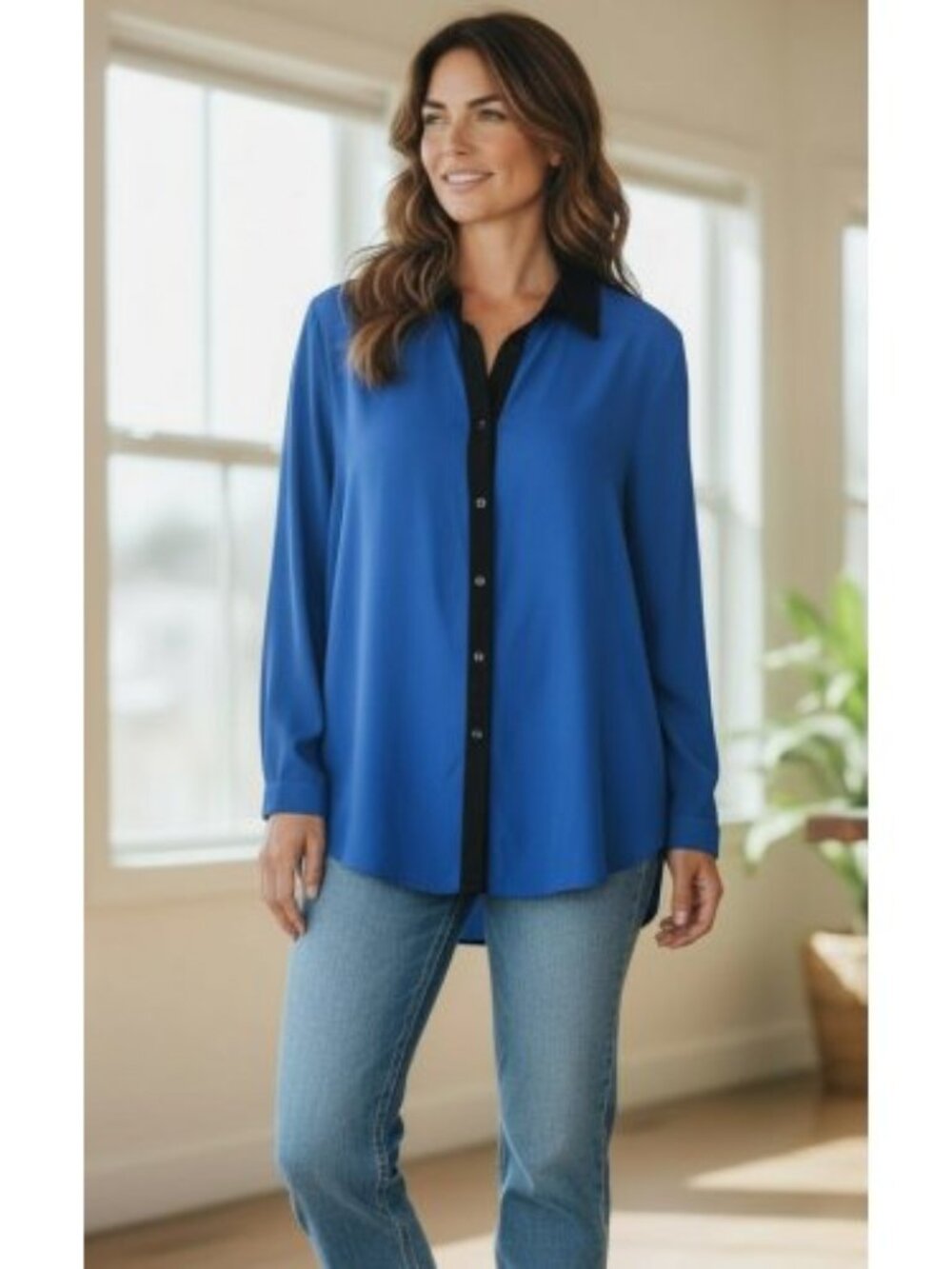 DECREE Blue and Black Button Front Long Sleeve Blouse Ladies XL